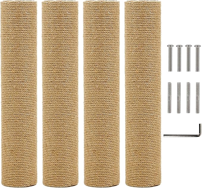 Fhiny 4PCS Cat Scratching Post Replacement 15.7" Natural Jute Spare Extension Scratch Post for Cats Tree DIY Craft Refill Pole Parts Hemp Rope Scratcher Climbing Perch for Indoor Kitten Brown