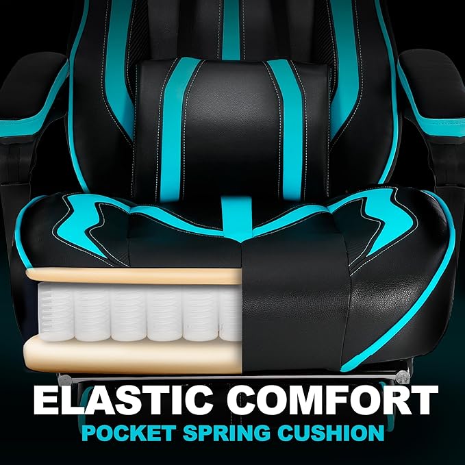 Vonesse Gaming Chairs for Adults, Gaming Chairs with Footrest and Massage, Reclining Computer Chair for Heavy People,Big and Tall Ergonomic Gamer Chair with Lumbar Pillow(Teal/Cyan)