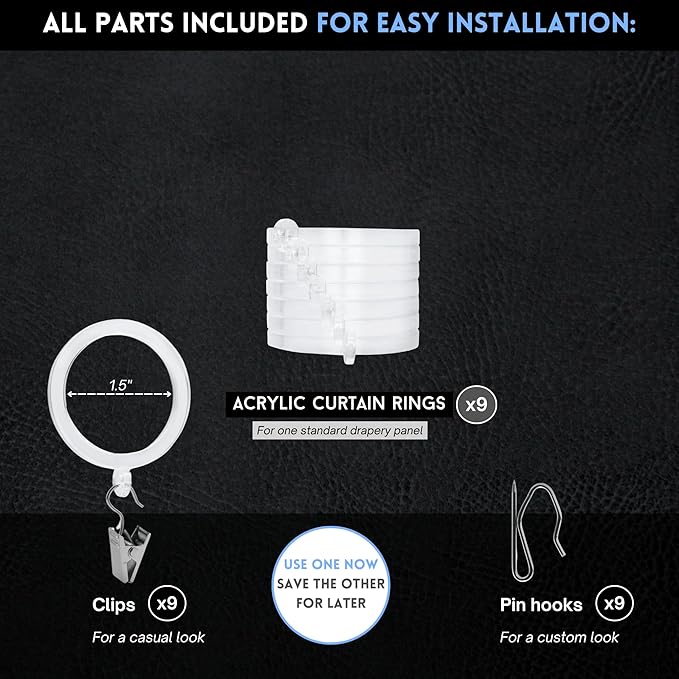 BlastHome® Luxury Curtain Rings - Premium Metal with Quiet, Smooth Nylon Inserts - Pinhooks and Clips Included - 1 1/2" Inside Diameter - 9 Rings for One Standard Curtain - Clear Acrylic