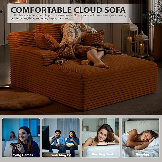 50 Inches Chaise Lounge Indoor, Oversized Chaise Lounge Chair with 3 Throw Pillows and Armrests, Corduroy Upholstered Plush Sofa Bed Lazy Chair Bed Sleeper Chair for Living Room Apartment (Orange)