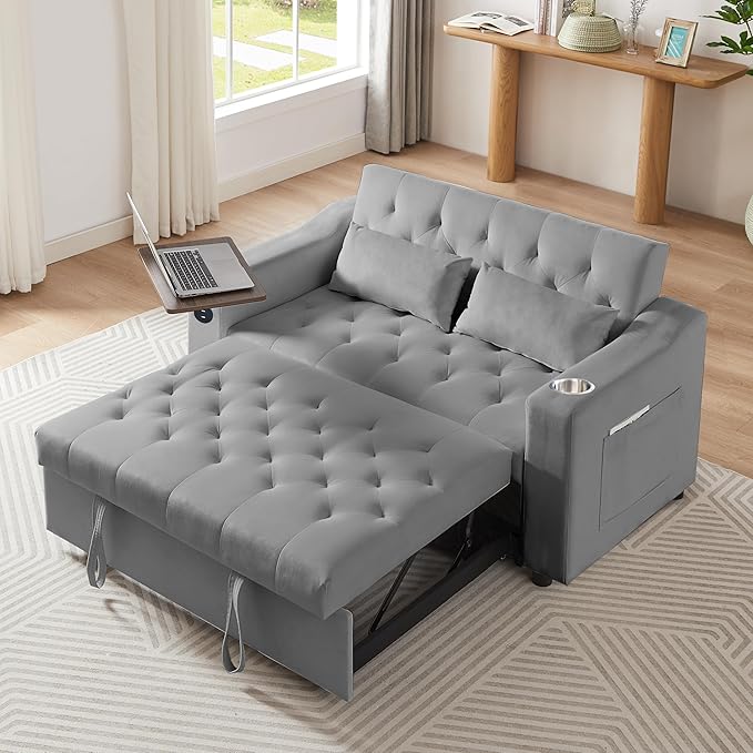 53'' Convertible Sleeper Sofa Bed with Adjustable Backrest, Chaise Lounge, Side Table & Two Pillows – Stylish & Functional Addition to Any Living Room (Modern Grey)