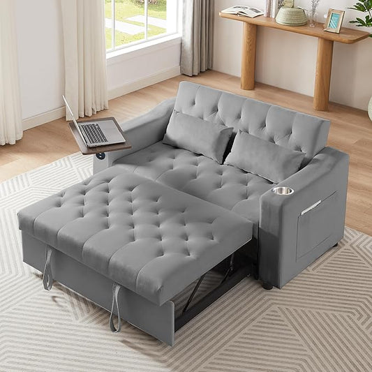 53'' Convertible Sleeper Sofa Bed with Adjustable Backrest, Chaise Lounge, Side Table & Two Pillows – Stylish & Functional Addition to Any Living Room (Modern Grey)