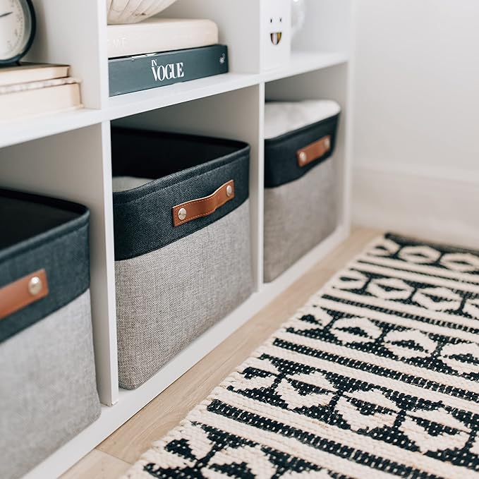 OrganiHaus Extra Large Fabric Storage Baskets for Shelves 3 Pack, 16x13in Closet Storage Bins for Shelves, Canvas Baskets for Organizing, Linen Closet Organizers, Cloth Basket, Gray/Black