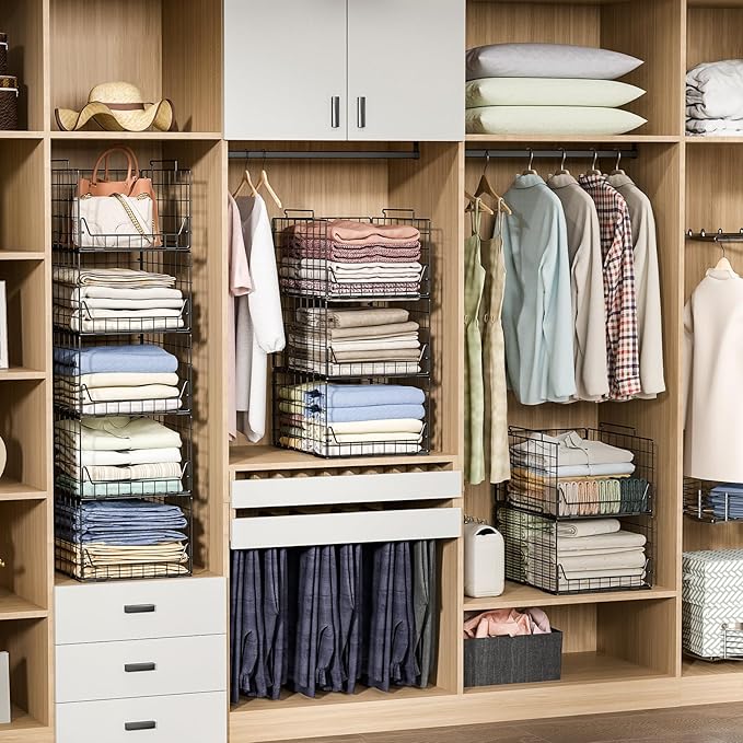 5-Tier Stackable Closet Organizer Shelf – Foldable Metal Storage Bins for Clothes, Sweaters & Towels | Stylish Black Wire Baskets for Bedroom, Wardrobe, Dorm or Entryway