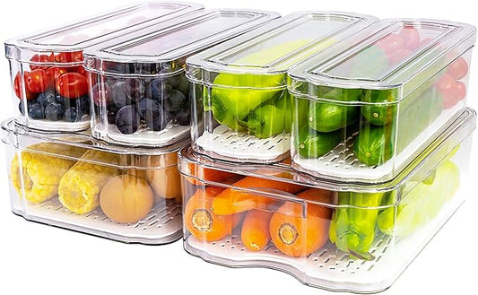 Fridge Organizers and Storage, 6 Pack Clear Freezer Organizer Bins with Lids for Kitchen, Pantry, Refrigerator, Food, Fruit, Vegetable Storage