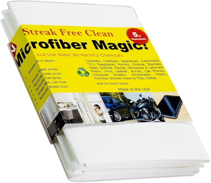 Microfiber Magic Streak Free Cleaning Cloth 3 Pack Clean Any Surface with Just Water Eco Friendly Environmentally Safe Perfect for Window, Mirror, Kitchen, Counters, Appliances, Car, Cycle, TV Screen