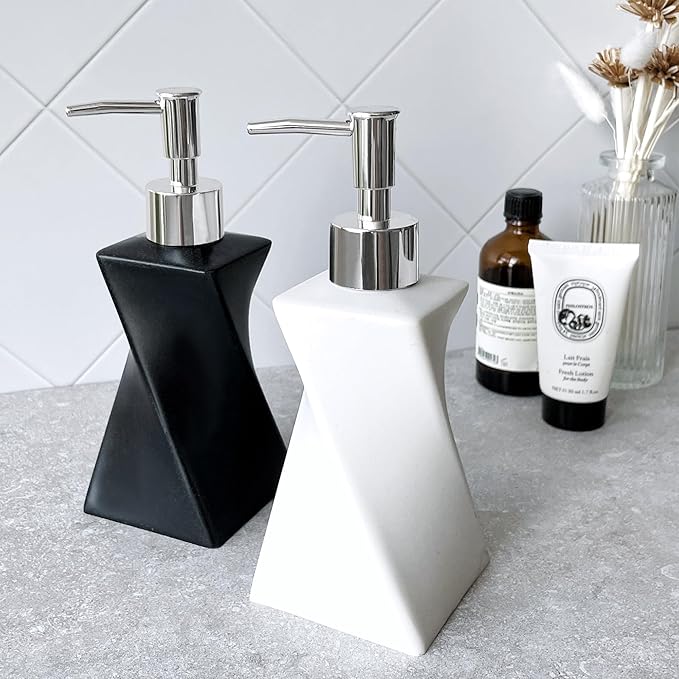 2 Pack Modern White & Black Soap Dispenser Set with Silver Pump for Bathroom and Kitchen, Contemporary Art Style, Matte Finish, Rust Proof, 8.5oz
