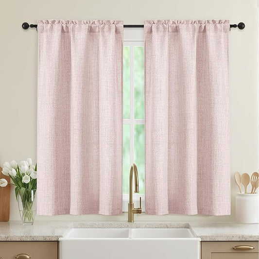 Blush Pink Kitchen Curtains 45 Inch Length 2 Panels, Light Filtering Faux Linen Textured Short Kitchen Window Curtains Over Sink, Half Curtain Tiers for Cabinet Bathroom Basement, 30"Wx45"L