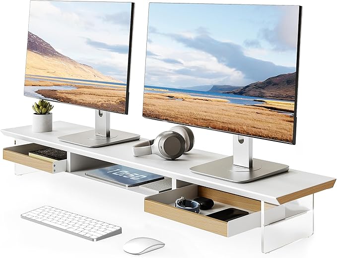 Fenge Acrylic Monitor Stand, 2 Tier Dual Monitor Riser with Solid Wood Drawers, 42.5 Inch Computer Stand for Two 27 Inch Monitors, Desk Shelf for PC, Laptop, Printer, TV, White