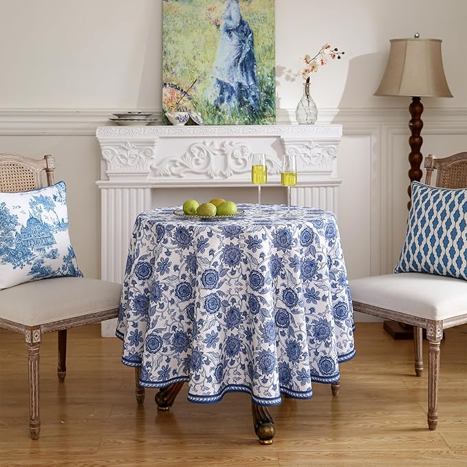 patdrea Designer Vintage French Round Table Cloth,Linen Durable Blue Paisley Pattern Tablecloth,Decoration Floral Cover for Kitchen Dining Christmas,Thanksgiving,Diameter 67"-Lantang a