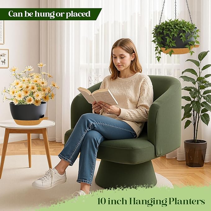 10 Inch Hanging Planters with Chains 2 Pack Self Watering Black Brown Plastic Hanging Pots for Indoor Outdoor Plants, Garden Porch Home Decor (Black Brown)