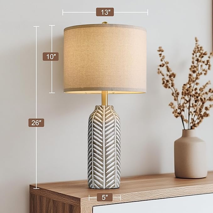 BOBOMOMO 26" Retro Farmhouse Lamps Set of 2 - Vintage Leaf Design, Living Room Lamps with Linen Shades, Rustic Resin Lamp for Bedroom, Living Room, Nightstand, Entryway, Nursery, Wood Grain