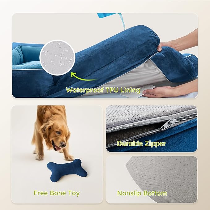 Jumbo Dog Bed for Extra Large Dogs, Orthopedic Dog Bed with Cooling Gel Memory Foam, Waterproof Pet Bed with Removable Washable Cover, 45" Pet Sofa Couch Dutch Velvet with Bone Toy, Navy Blue
