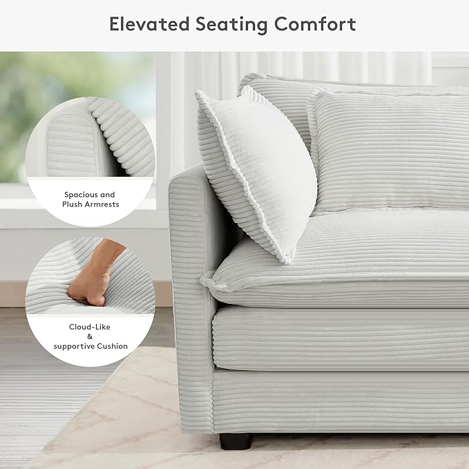 ROWHY 113'' Modular Sectional Cloud Corner Couch, 5 Seater L Shape Sofa Big Comfy Corduroy Oversized Couch with 2 Pillows Movable Ottoman, Deep Seat Sectional Couches for Living Room Office Light Grey