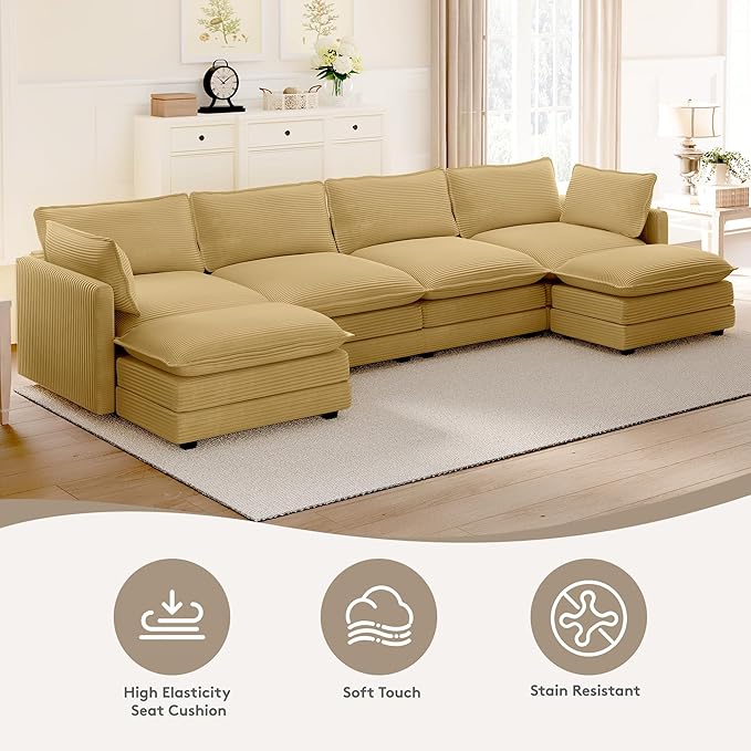 ROWHY 148'' Sectional Cloud Couch with 2 Ottomans, Oversized 4 Seat Sleeper Sofa with 2 Throw Pillows, Convertible Upholstered U Shaped Cozy Sofa Furniture Set for Living Room and Office, Yellow