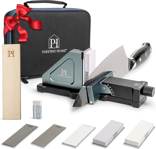 ORIGINAL ADJUSTABLE ROLLING KNIFE SHARPENER KIT: Adjustable Height, 30 Angle Options, 5 Removeable Whetstone Plates, Leather Strop with Travel Case - Kitchen Knife Sharpener