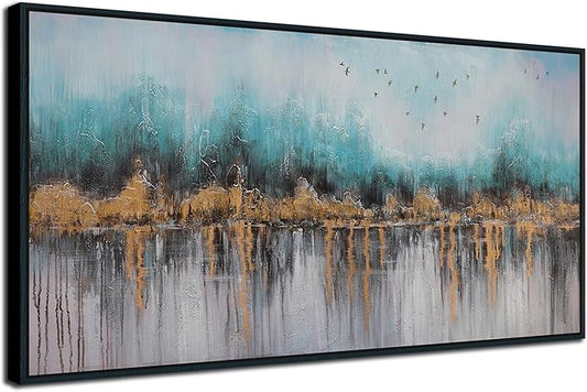 Ardemy Abstract Wall Art for Living Room Large Framed Teal Pictures Wall Decor Canvas Art Landscape Paintings Textured Artwork Wall Art for Men Bedroom Home Office, 40"x20"