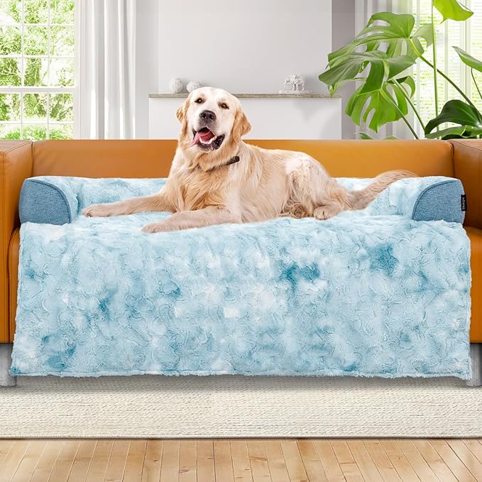Calming Extra Large Dog Couch Bed for Dogs, 45 x 37 inch Waterproof Removable Pet Mat Couch Cover for Furniture Protector, Non-Slip Fluffy Pelsbarn Dog Bed for Couch, Sofa, Car - Tie-Dye Blue