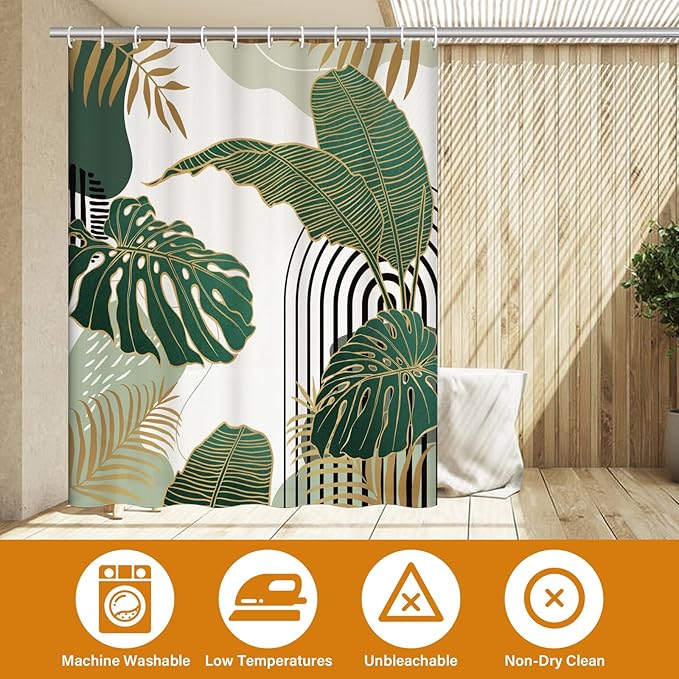 Boho Mid Century Shower Curtain Set for Bathroom, 72"X72" Green Shower Curtain for Chic Elegant Bathroom Decor, Fabric Shower Curtain Waterproof Durable (Green, 72" L x 72" W)