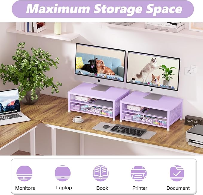 Computer Monitor Stand Riser, Desk Organizers and Accessories with Drawer, Laptop Stand, Office Desk Accessories & Workspace Desktop Organizers Storage for Office Supplies(Purple)