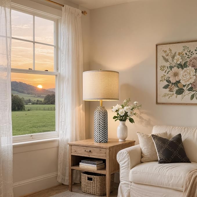 BOBOMOMO 26" Retro Farmhouse Lamps Set of 2 - Vintage Leaf Design, Living Room Lamps with Linen Shades, Rustic Resin Lamp for Bedroom, Living Room, Nightstand, Entryway, Nursery, Wood Grain