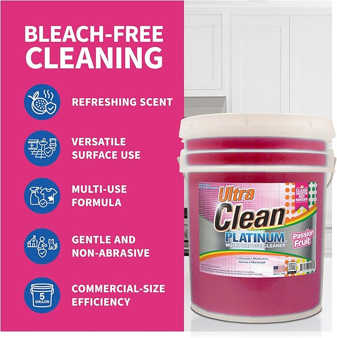 Ultra Clean Platinum Multipurpose Cleaner, Non-Abrasive and Bleach-Free, for Kitchen Counters, Bathroom Floors and Garage Spaces, Passion Fruit, 5 Gal