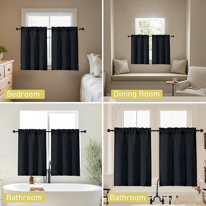 Black Kitchen Curtains 45 Inch Length 2 Panels, Light Filtering Faux Linen Textured Short Kitchen Window Curtains Over Sink, Half Curtain Tiers for Cabinet Bathroom Basement, 30Wx45L Inch