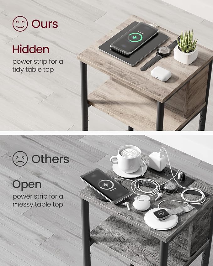 VASAGLE Side Table with Charging Station, 3-Tier End Table with USB Ports and Outlets, Nightstand for Living Room, Bedroom, 11.8 x 13.4 x 22.8 Inches, Plug-in Series, Greige and Black