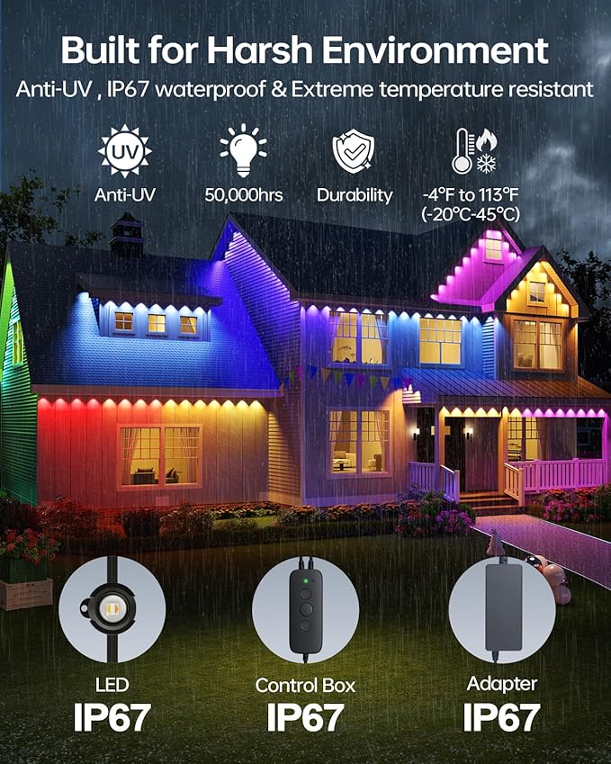 ASAHOM AI Permanent Outdoor Lights S107C, 150FT with 108 RGBCW LED Lights and Dual Output, 30,000 Lighting Effect Combination, IP67 Waterproof for House Halloween Christmas and Daily Decoration, Black