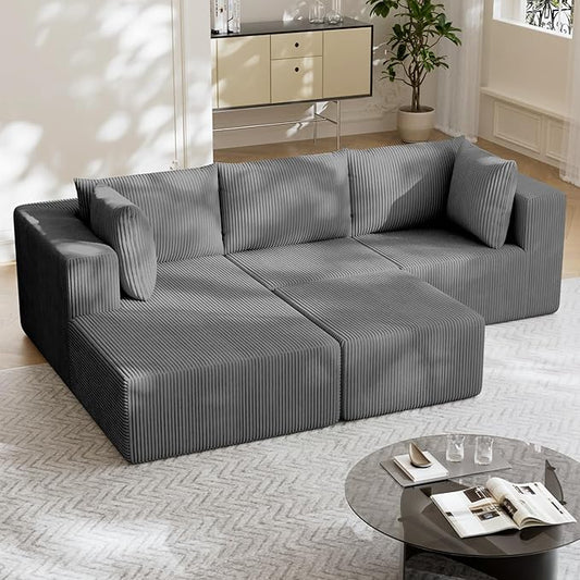 108" Boneless Couches for Living Room, Modular Cloud Couch Sofa -4 Pieces U Shap Corduroy Sectional Sofa, Fluffy Memory Foam Sleeper Sofa Furniture, No Assembly, Wide Armrest, Grey
