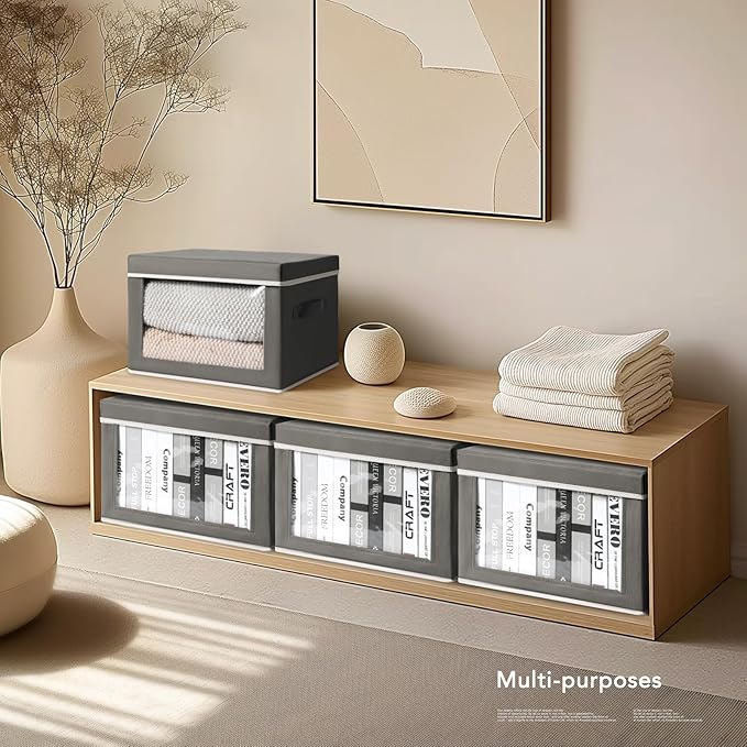 Storage Boxes with Lids - 3 Pack Fabric Clear Window Storage Bins, Collapsible Storage Bins with Lids, Linen Closet Organizer for Clothes, Towel, Blanket, Dark Grey