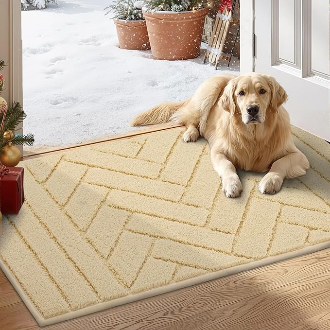 Tindbea Dog Mat for Muddy Paws,Absorbs Moisture Dirt Non-Slip Washable Mud Mat for Dogs,Soft Rubber Backing Front Inside Pet Rug for Entryway, Mud Dog Paws, Patio(20"x31.5",Beige)