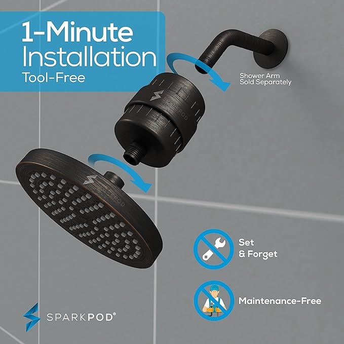 SparkPod Luxury Filtered Shower Head Set 23 Stage Shower Filter - Reduces Chlorine and Heavy Metals - High Pressure Showerhead Filter (6" Round, Vintage Oil Rubbed Bronze)