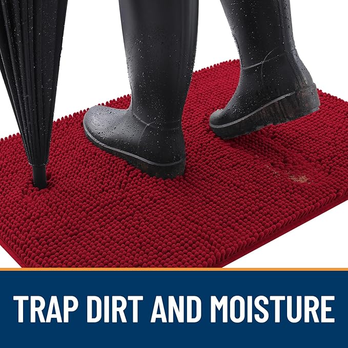 OLANLY Dog Door Mat for Muddy Paws 48x30, Absorbs Moisture and Dirt, Absorbent Non-Slip Washable Doormat, Quick Dry Chenille Mud Mat for Dogs, Entry Indoor Entryway Carpet for Inside Floor, Red