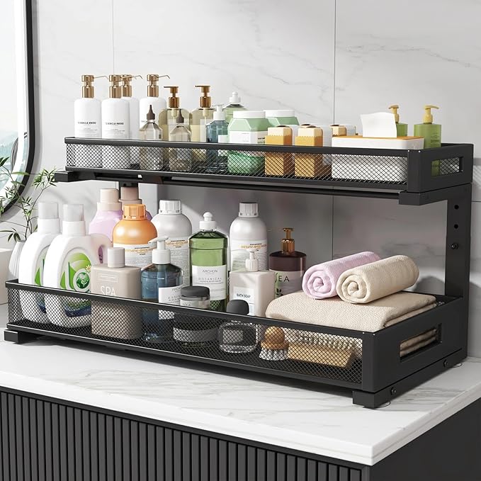 2 Pack 20.47IN Depth Under Sink Storage Organizer, Large 2-Tier Elegant Mesh Pull Out Shelf for Kitchen and Bathroom Cabinet Organization, L-Shaped and Adjustable Height Design-Black