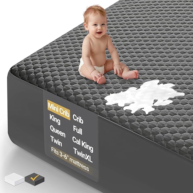OhGeni Waterproof Mattress Protector, Mini Crib-Gray, Fitted Sheet with Stretchable Pockets, Deep Sleep Noiseless Soft. Breathable Cooling Hypoallergenic Material, Mattresses Cover for Bed