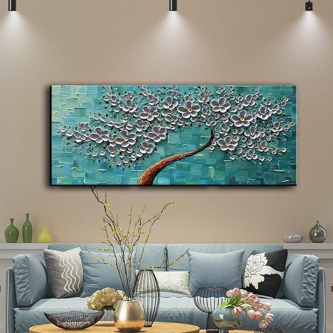 YaSheng Art - 24x60inch Large Wall Art Flowers Oil Painting On Canvas Texture Palette Knife 3D Silver Flowers Tree Paintings Abstract Artwork Canvas Wall Art Home Living Room Decor Painting