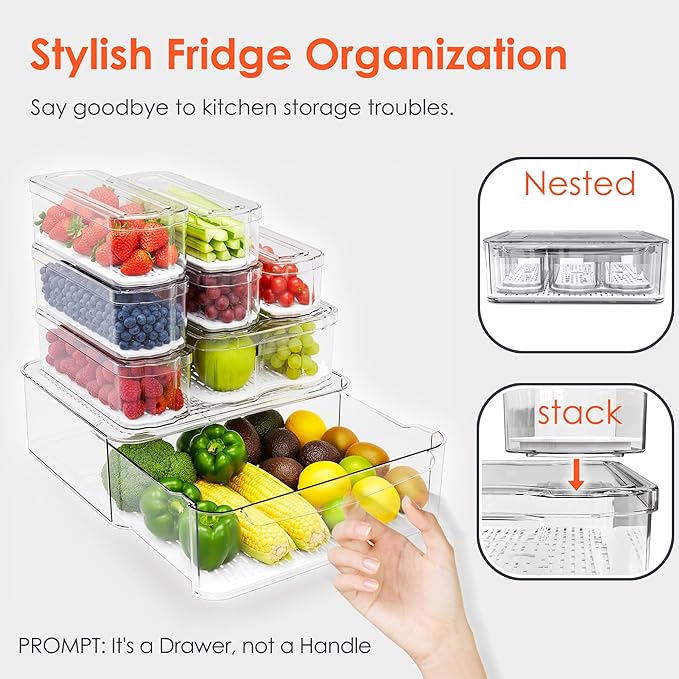Fridge Organizers and Storage, 8 Pack Clear Freezer Organizer Bins with Lids for Kitchen, Pantry, Refrigerator, Food, Fruit, Vegetable Storage (8 Bins Include A Pull-out Drawer)