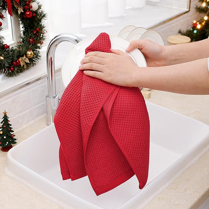 Homaxy 100% Cotton Waffle Weave Kitchen Dish Towels, Ultra Soft Absorbent Quick Drying Cleaning Towel, 13 x 28 Inches, 8-Pack, Red