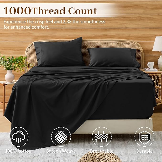 Bedlifes Deep Pocket Sheets 18-24 Inch, King Size Egyptian Cotton 1000 Thread Count, 4-Piece - Fits Extra Thick Mattresses, Cooling & Breathable (Black)