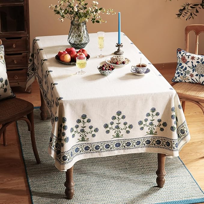 patdrea Designer Linen Vintage Blue Long Rectangle Tablecloth,Leaves Pattern Durable Floral Table Cloth,French Table Cover Cloth Decor for Kitchen Dining,Thanksgiving,Party,63"x102"-Ivar B
