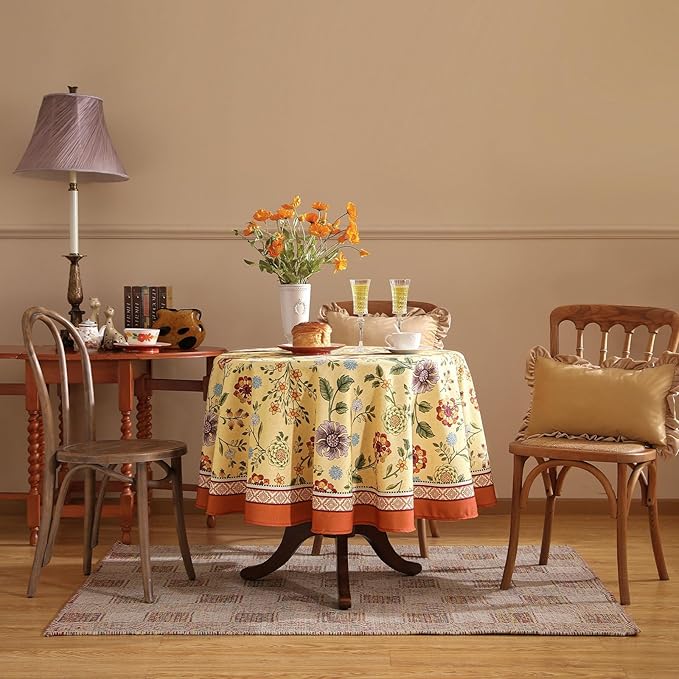 Vintage Linen Tablecloth for Round Table,Yellow Floral French Wrinkle Free Tablecloths,Decorative Table Cover for Kitchen,Dining,Thanksgiving,Christmas,Party,Diameter 67"-Bellano
