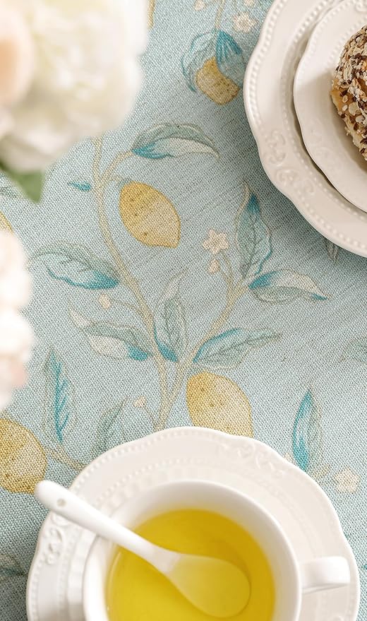 patdrea Designer Linen Vintage Green Tablecloth for Round Table,Durable Fruits Pattern Yellow Tablecloths,Fall Decor Table Cover for Kitchen Dining Christmas,Thanksgiving,Diameter 55"-Ania a