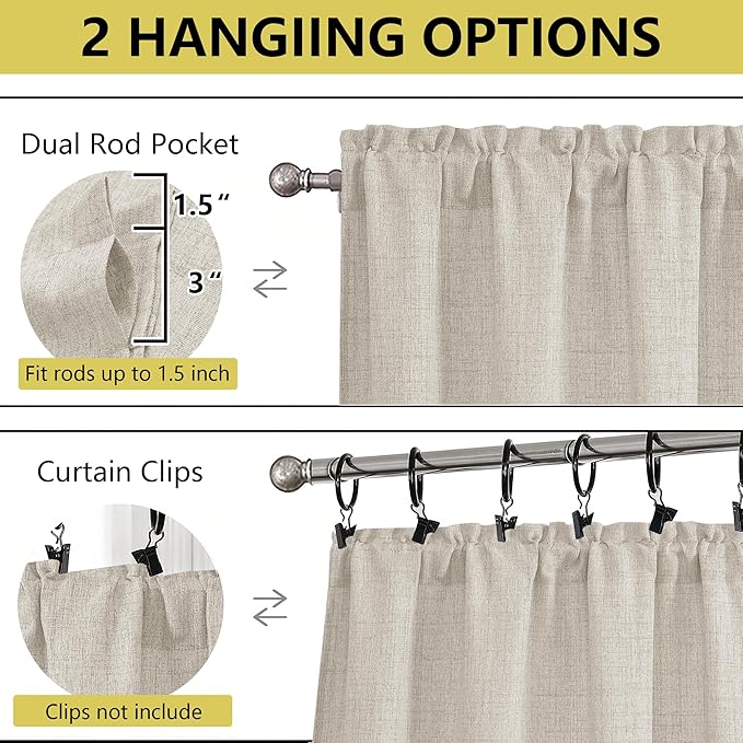 Natural Kitchen Curtains 24 Inch Length 2 Panels, Light Filtering Faux Linen Textured Short Curtains Tier for Windows, Small Curtain for Cafe Cabinet Bathroom Basement RV Camper, 30" Wx24 L