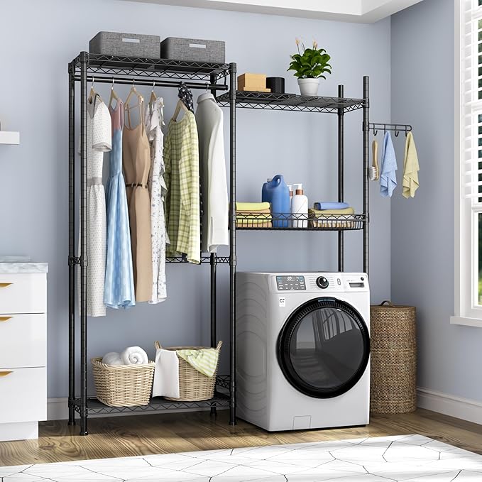 Over Washer and Dryer Shelves,Laundry Room Storage Organization Clothes Drying Rack,4 Tier Adjustable Height Wire Shelving with Wire Basket,Hanger Rod&Hook,Space Saving Shelf