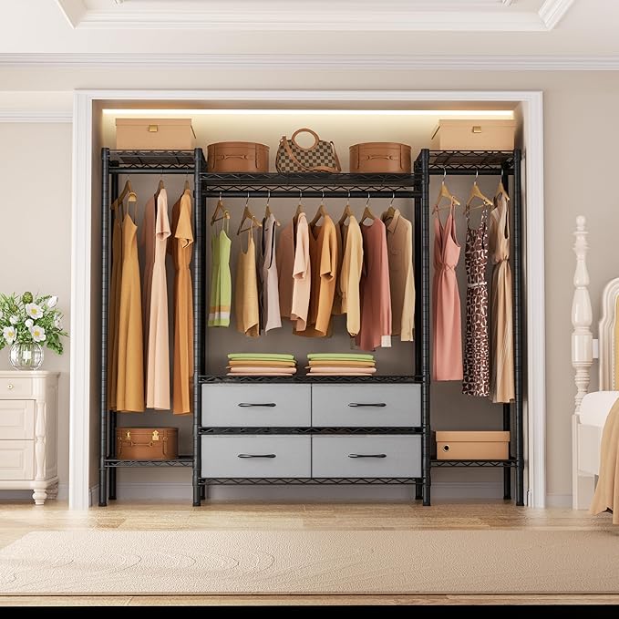 Large Garment Rack Heavy Duty Clothes Rack,Freestanding Closet Portable Clothing Rack with 8 Adjustable Wire Shelves,3 Hang Rods,4 Fabric Drawers,2 Hooks,Metal Closet Storage Wardrobe,MaxLoad 900lbs