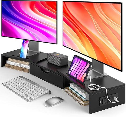 Elephance Dual Monitor Stand with USB Ports,Wood Computer Monitor Stand with Drawer,Adjustable Monitor Stand Riser,Desk Organizer for PC,Computer,Laptop,Black