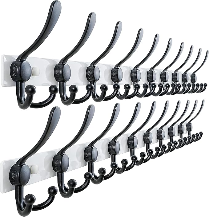 Dseap MaxStrong 2.0 Coat Rack Wall - 37” Long 10 Tri Hooks - Ultra Heavy-Duty Stainless Steel Wall Mount Coat Hanger, Hook Rail for Clothes Hats Jacket Towels White & Black, Pack of 2