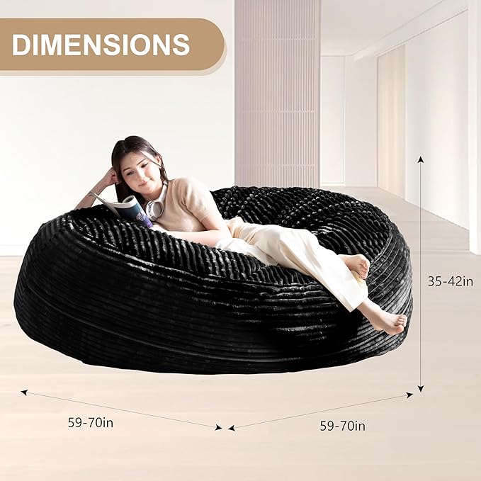 Bean Bag Chair for Adults, Floor Bean Bags Offers Ample Space for Adults,Memory Foam Giant Bean Bags,Lounger Versatile Design Suits Any Room,Movie Nights,Reading (Striped Black, 6FT)