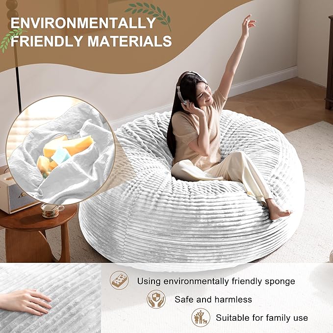 Bean Bag Chair for Adults, Floor Bean Bags Offers Ample Space for Adults,Memory Foam Giant Bean Bags,Lounger Versatile Design Suits Any Room,Movie Nights,Reading (Striped White, 5FT)